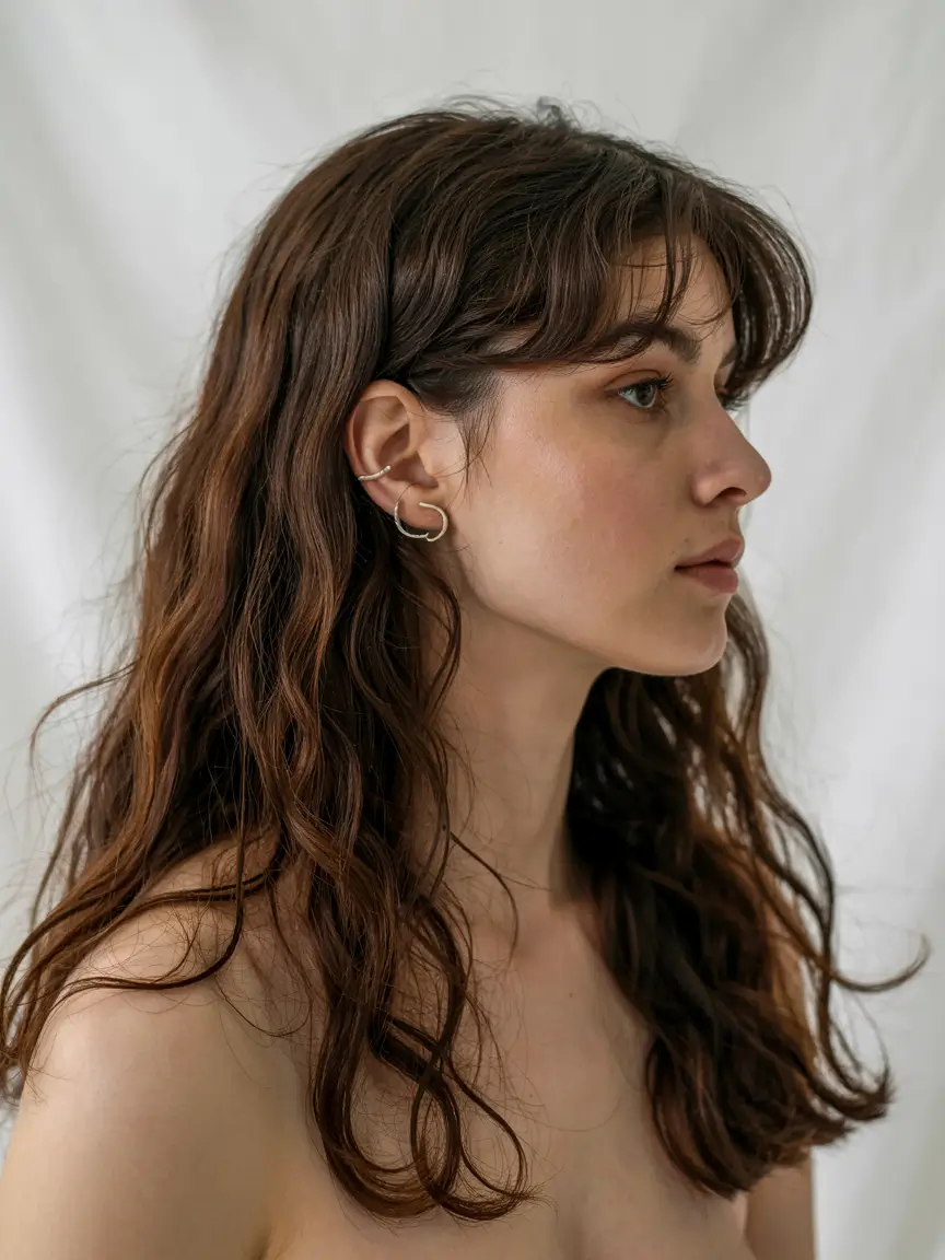 haircuts for long hair 2026 Textured Brunette Waves with Bangs