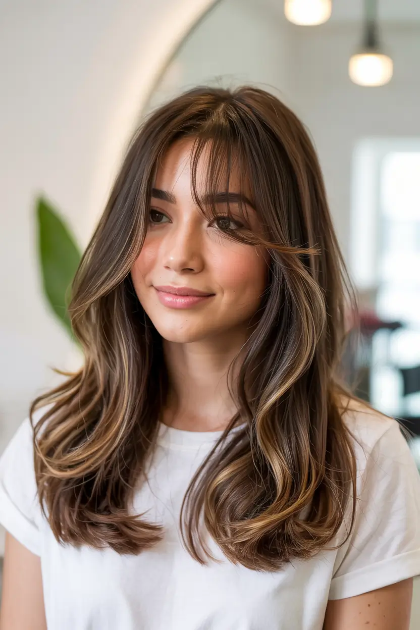haircuts for long hair 2026 Soft Waves with Airy Bangs