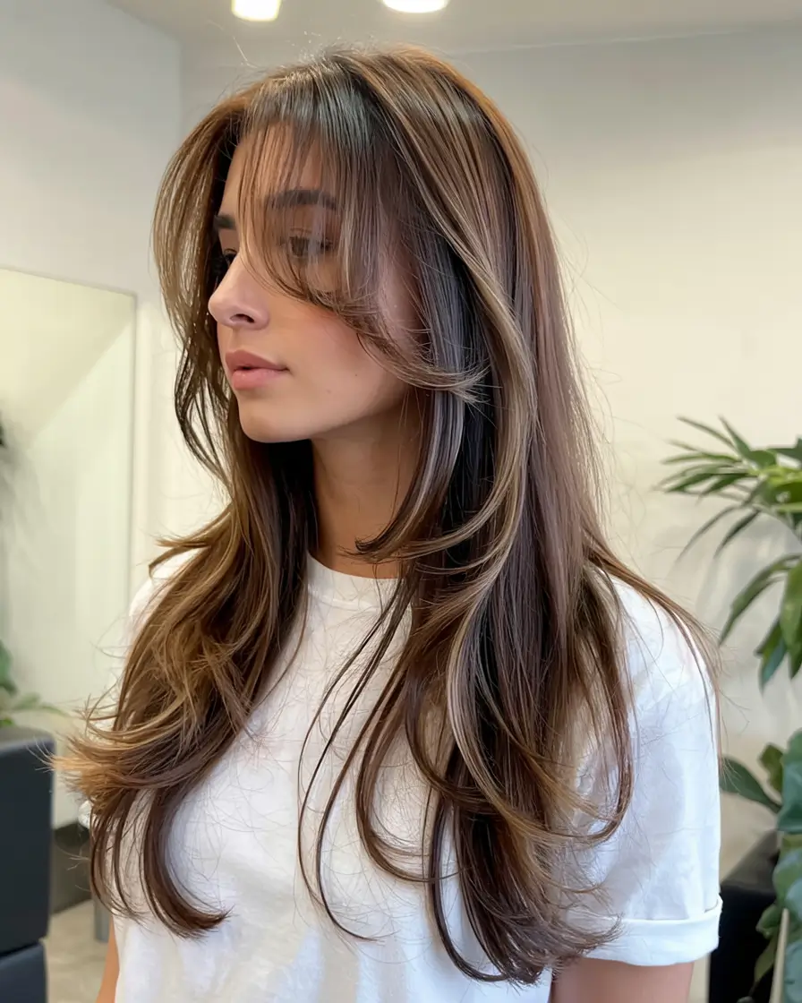 haircuts for long hair 2026 Feathered Layers with Soft Bangs