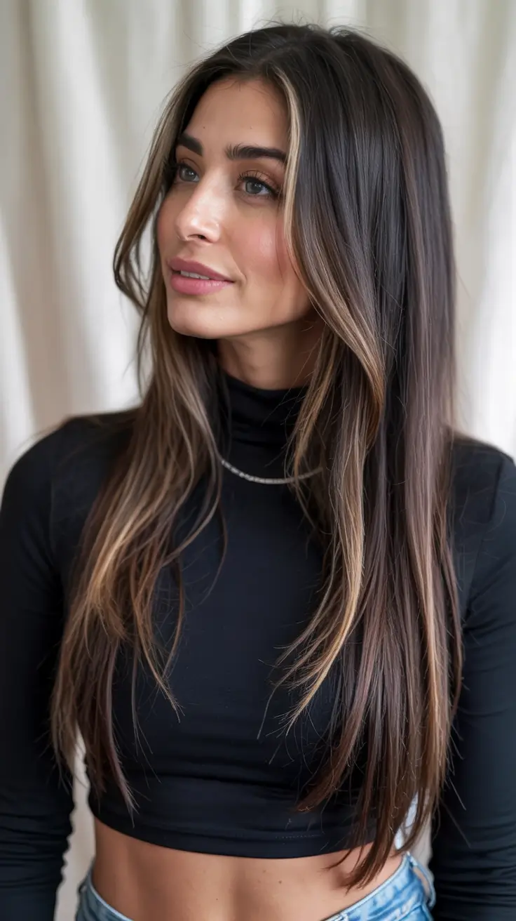 haircuts for long hair 2026 Chic Straight Layers with Front Highlights