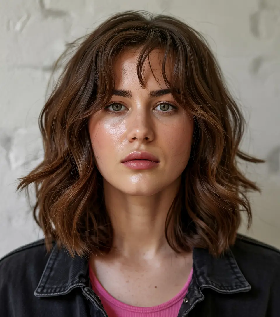haircut for round face shape Soft Layered Bob with Curtain Bangs