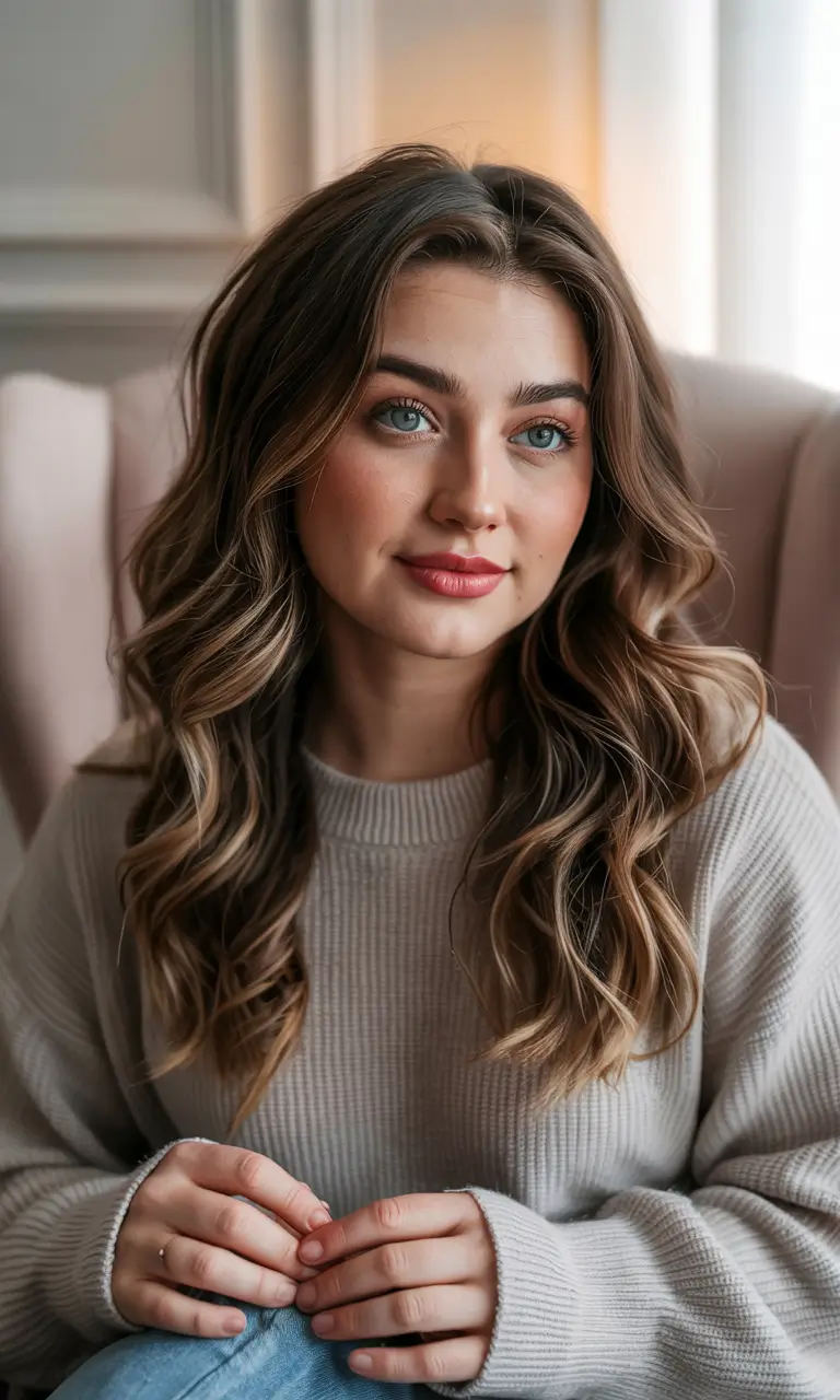 haircut for round face shape Voluminous Curls with Honey Balayage