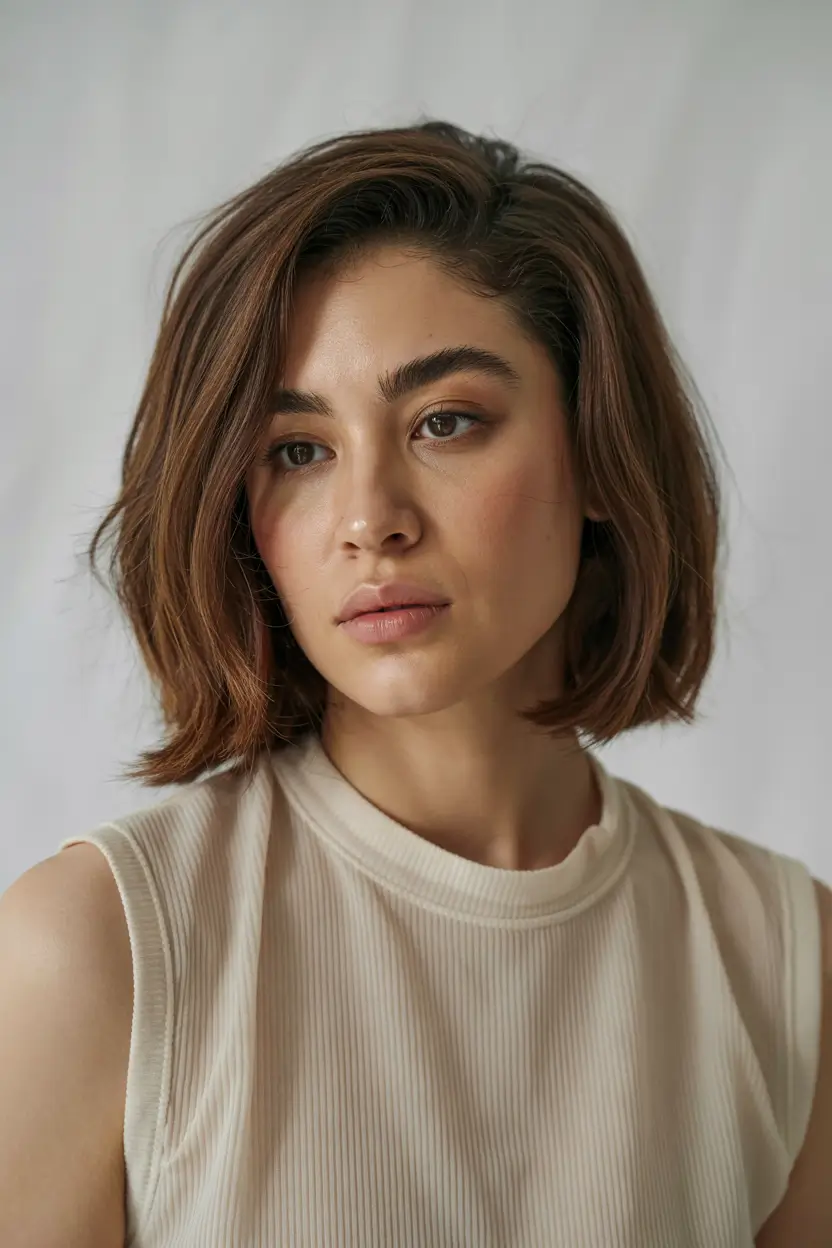 haircut for round face short Chin-Length Bob with Side Part