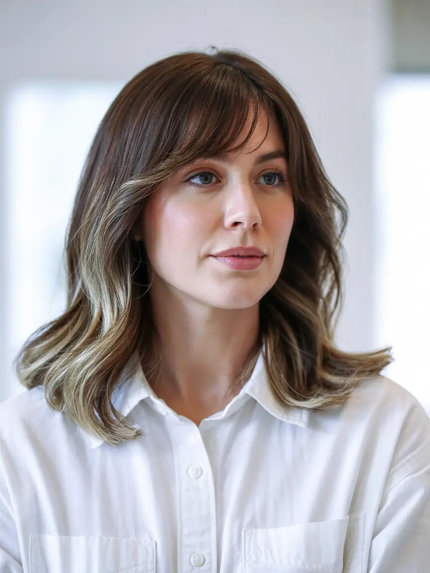 haircut for round face medium Soft Mid-Length Layers with Natural Bangs