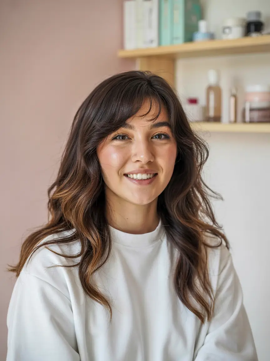 haircut for round face long hair Layered Long Cut with Soft Bangs