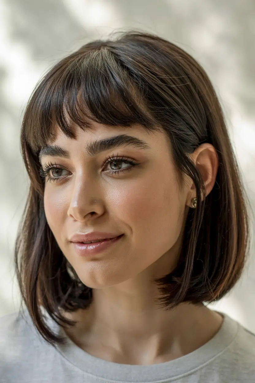 haircut for round face shape Classic Bob with Baby Bangs