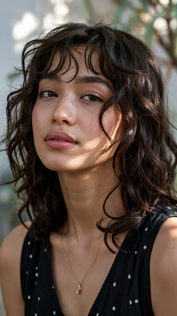 haircut for round face curly hair Curly Layered Mid Cut with Wispy Fringe