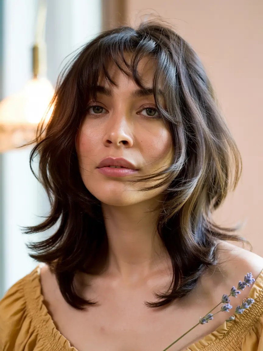 haircut for round face shape Feathered Medium Layers with Wispy Bangs