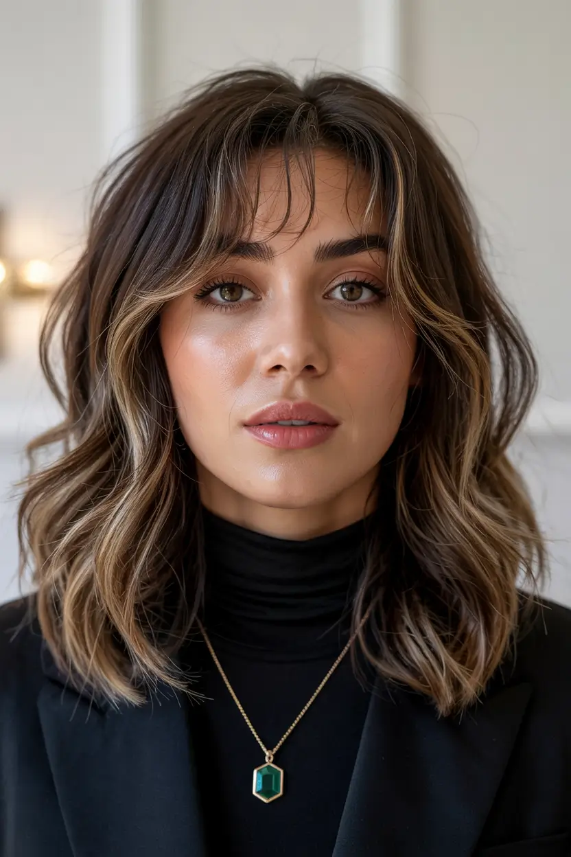 haircut for round face medium length Textured Lob with Face Framing Highlights