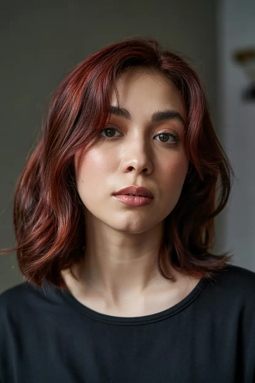 haircut for round face medium Rich Auburn Bob with Volume