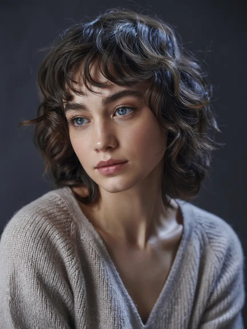 haircut for round face curly hair Soft Curls with French Bangs