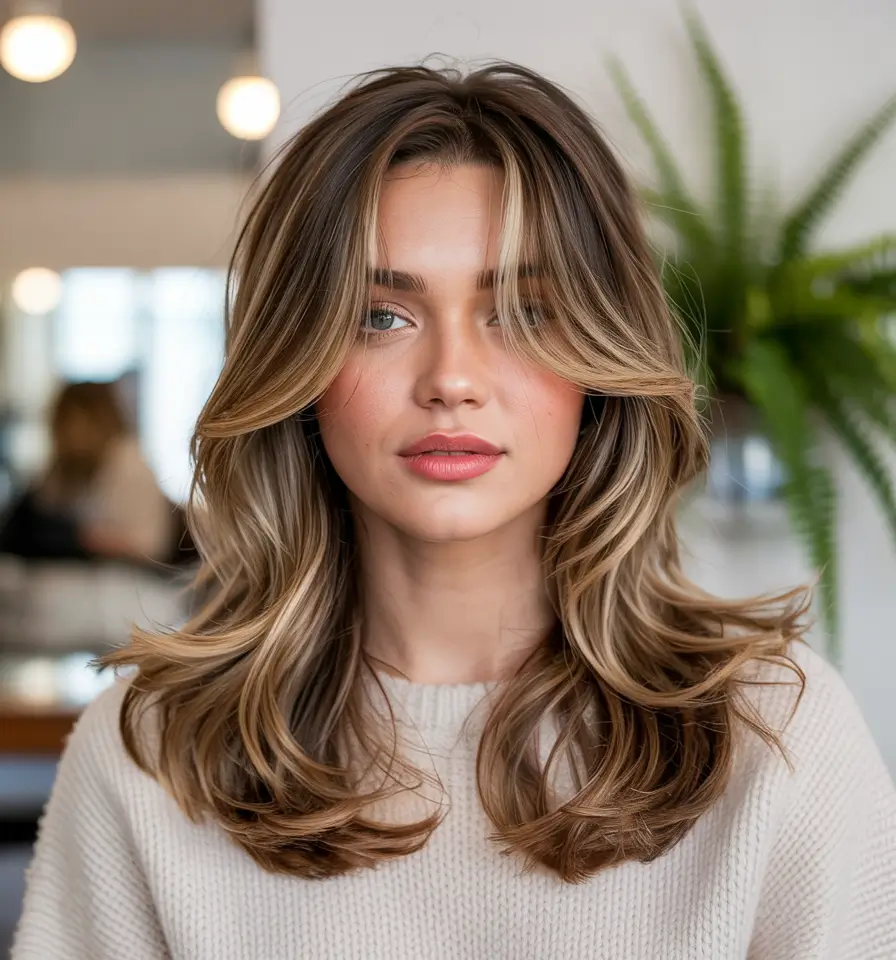 haircut for round face long hair Long Face-Framing Layers with a Soft Money Piece