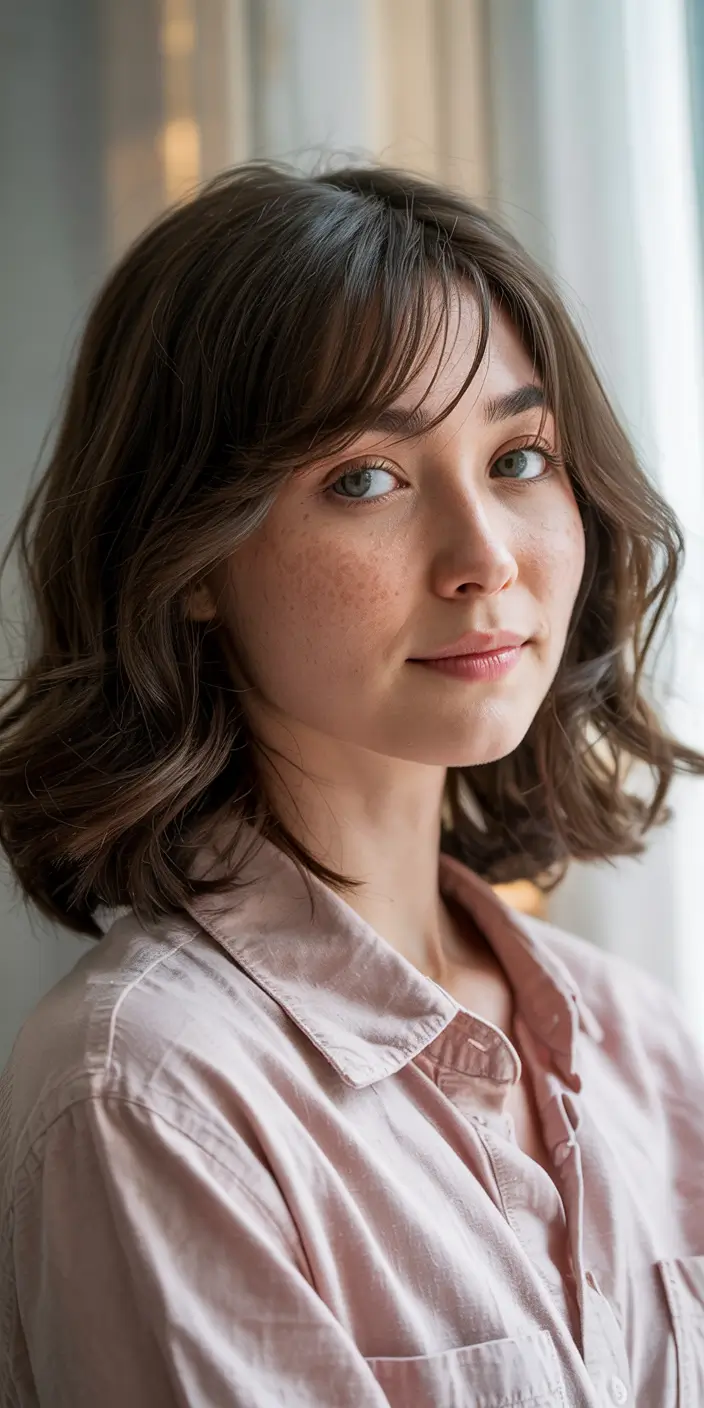 haircut for round face shape Soft Chin-Length Bob with Airy Bangs
