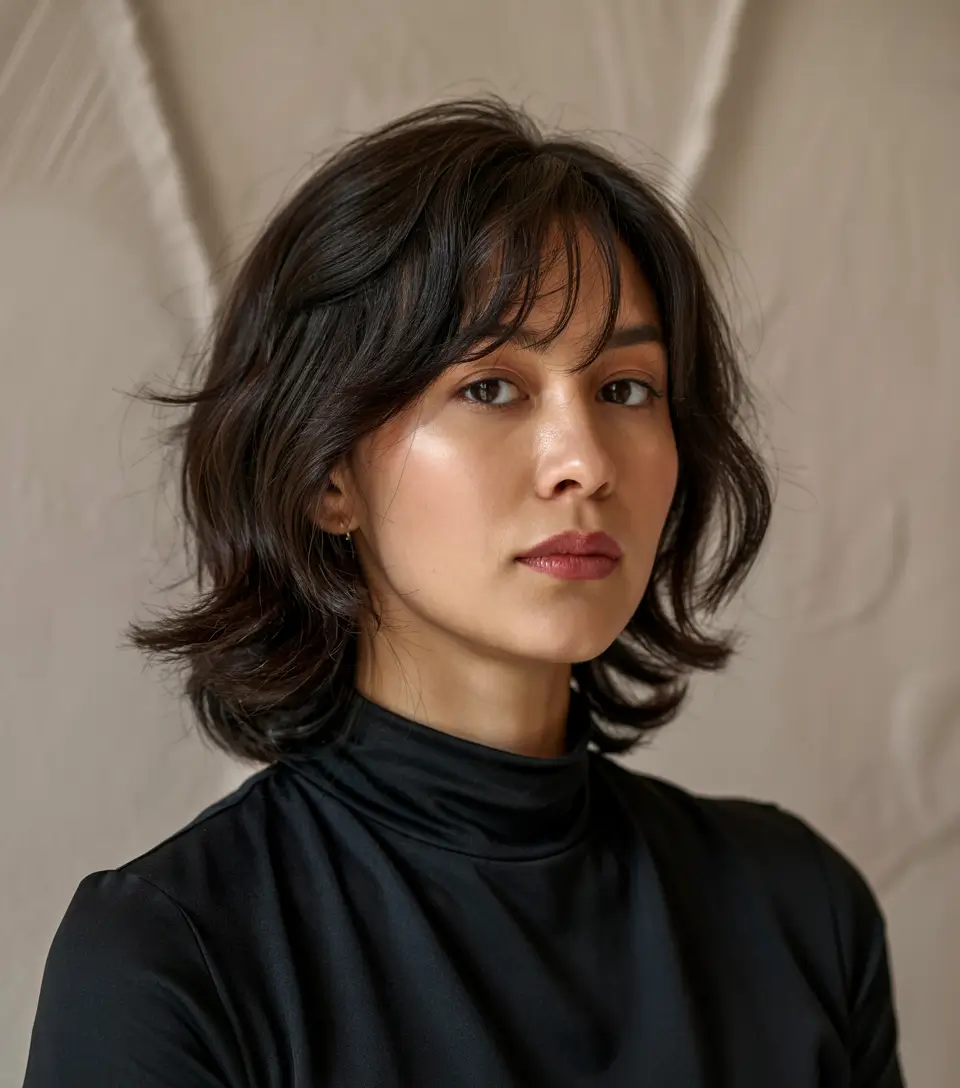 haircut for round face medium Layered Medium Shag with Wispy Fringe