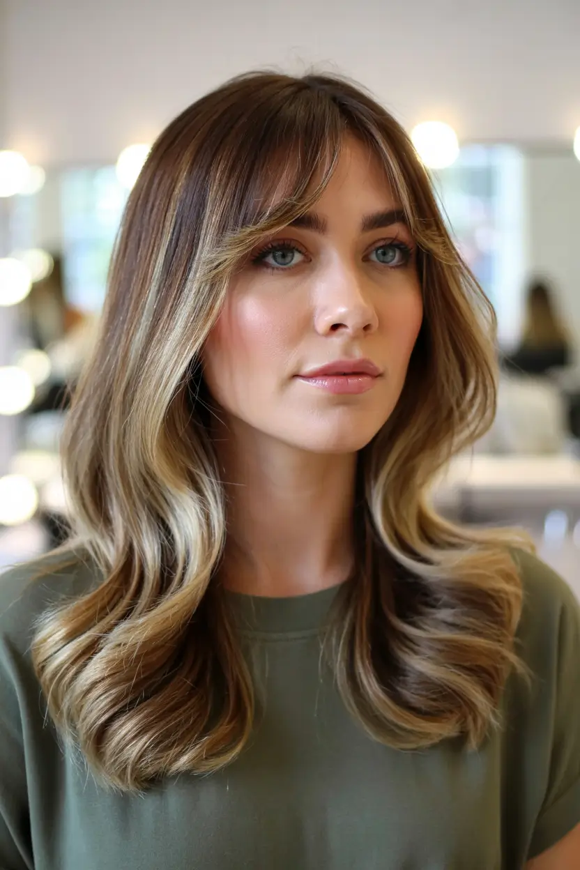 haircut for round face long hair Glossy Long Layers with Bardot Bangs