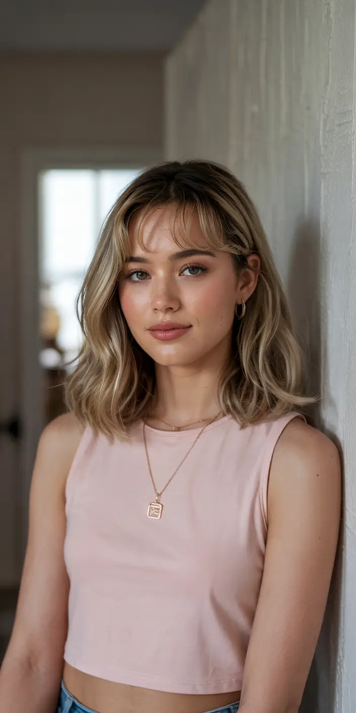 haircut for round face shape Blonde Lob with Baby Bangs