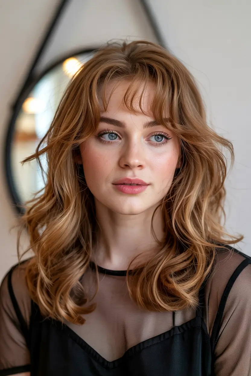 haircuts for thin fine hair medium Soft Copper Waves with Playful Bangs