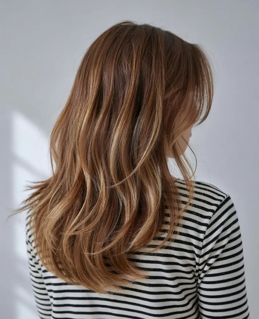 haircuts for thin fine hair long layers Golden Brown Waves with Sunlit Ends