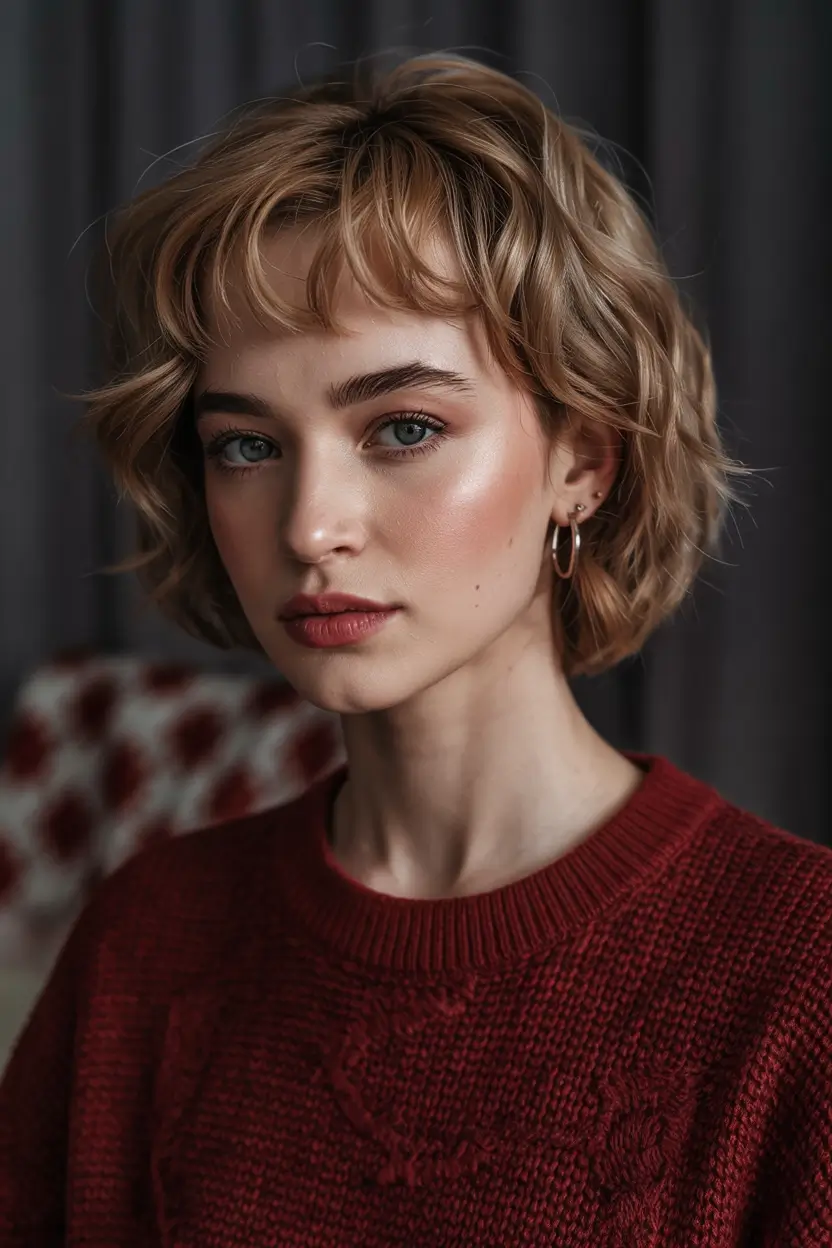short haircuts for women Golden Wavy Bob With Baby Bangs