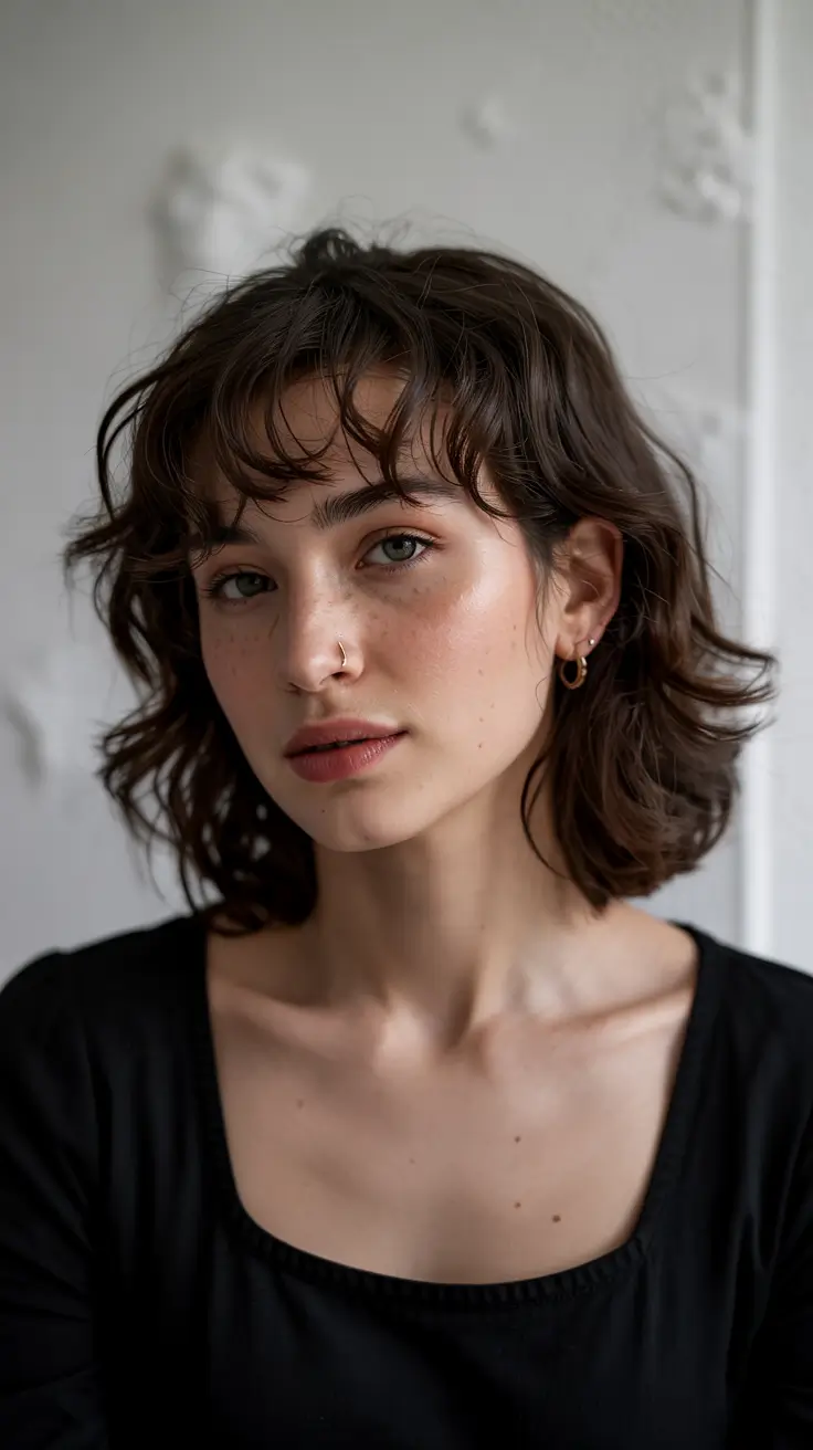 short haircuts for thick hair Textured Brunette Lob With Light Curls