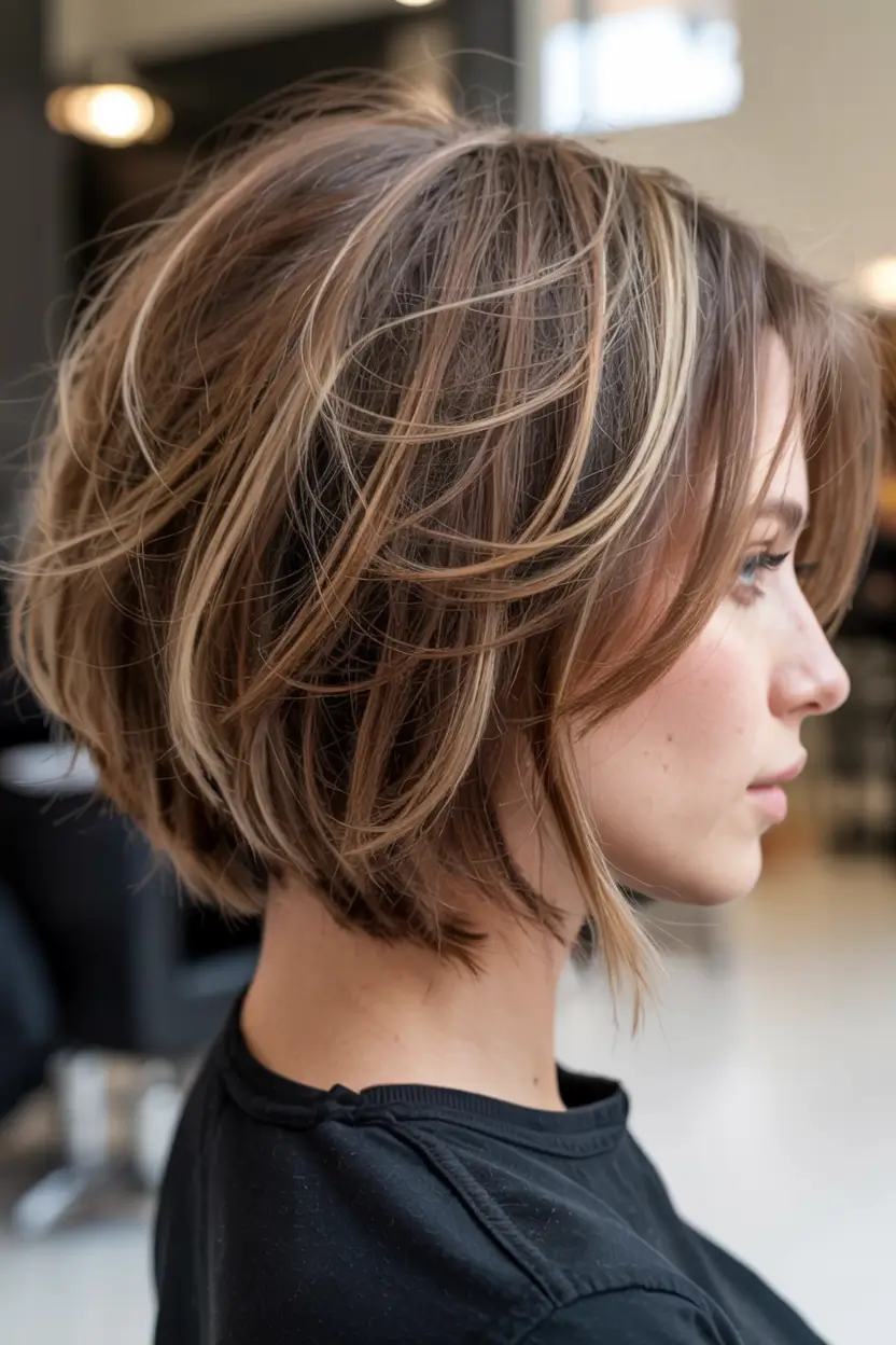 short haircuts for thick hair Classic Layered Bob With Caramel Highlights