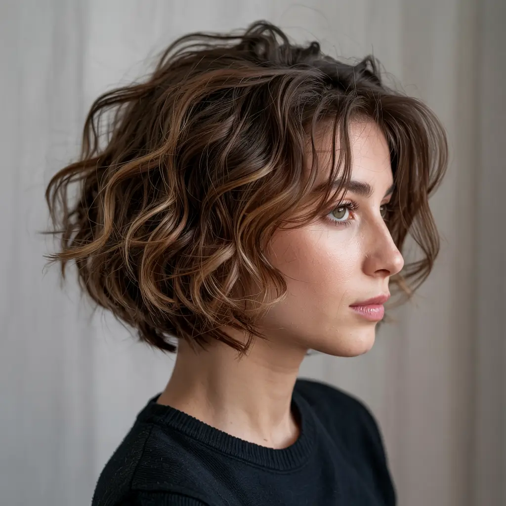 short haircuts for thick hair Soft Curly Bob With Caramel Dimension
