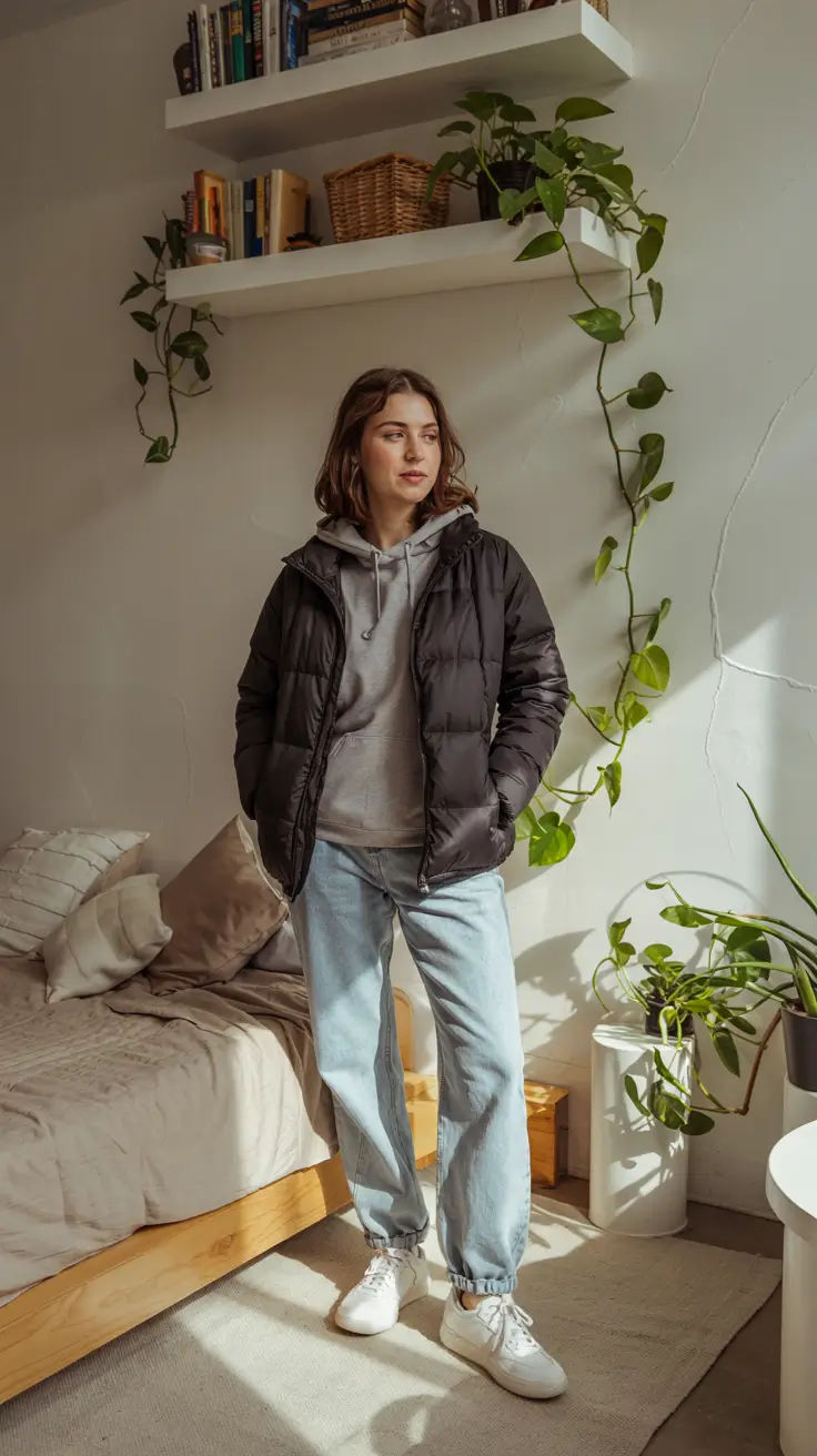 outfits layering ideas Everyday Comfort With Casual Puffers & Slouchy Denim