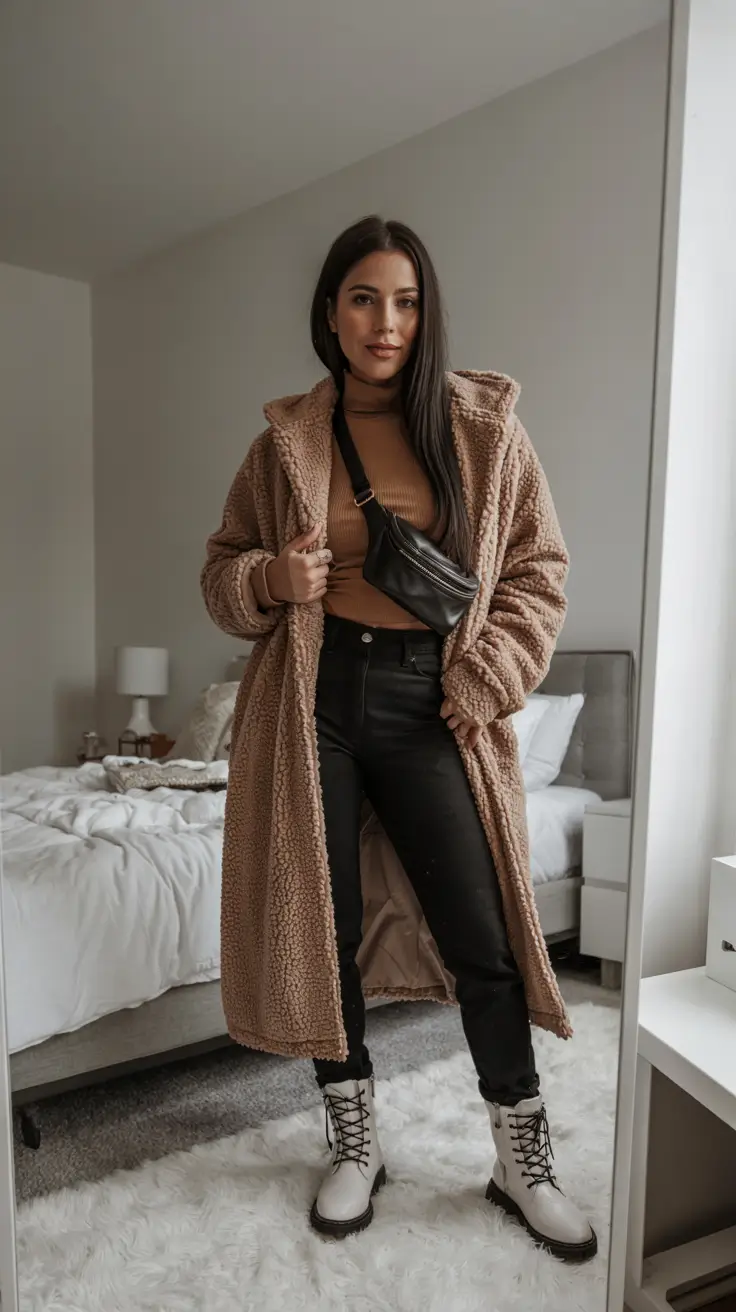 outfits layering aesthetic Teddy Coats & Warm Earth Tones for Soft Winter Volume
