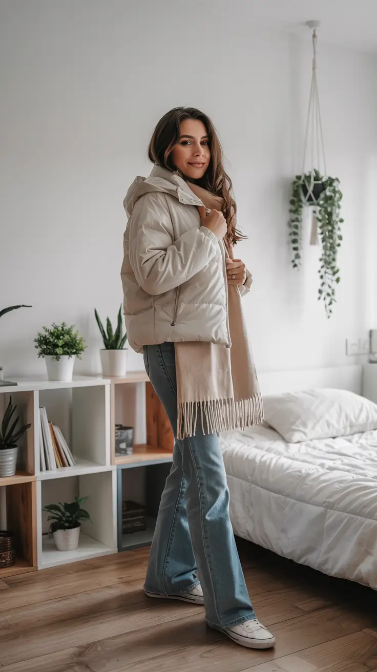 outfits layering winter Flared Denim and Soft Outerwear for Early Winter