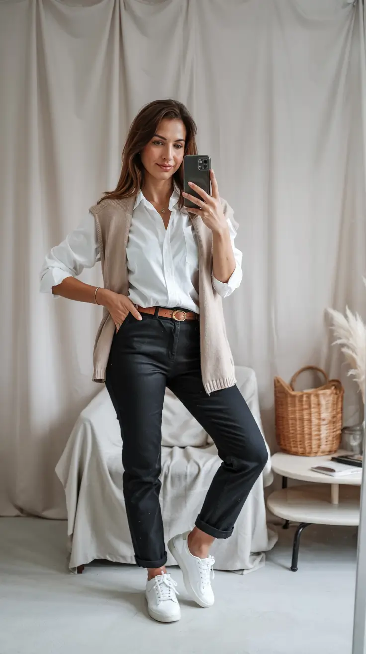 outfits layering winter Casual-Chic Vest Layering with Classic Staples