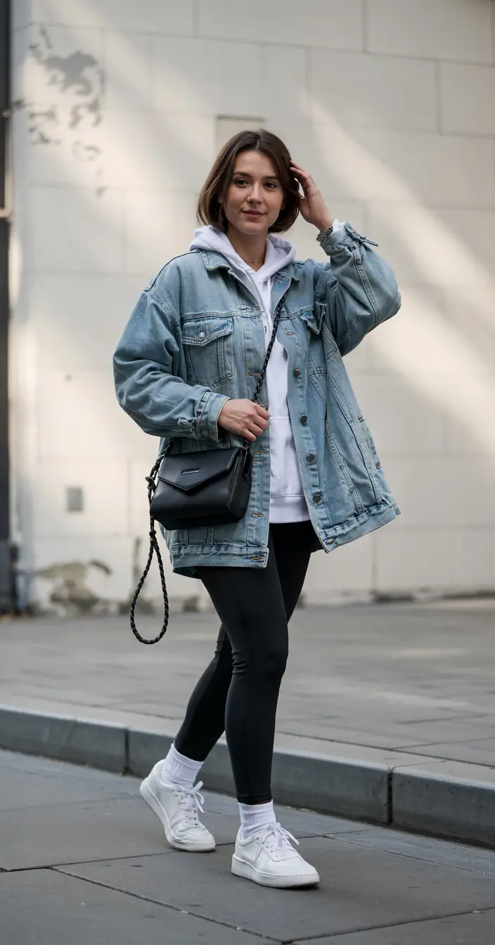 outfits layering winter Oversized Denim and Hoodie Layers for Easy Street Style
