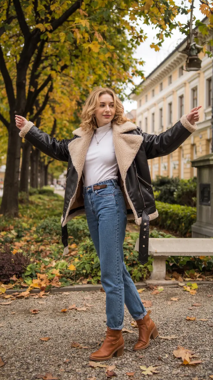 outfits layering winter Shearling Warmth & Autumn Denim for Cozy Transitions