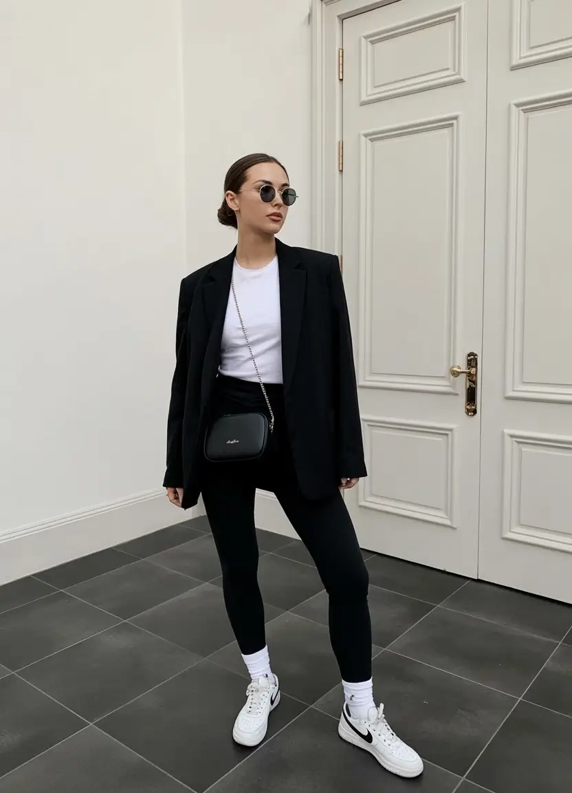 legging outfits for work Minimalist Black Blazer Vibes