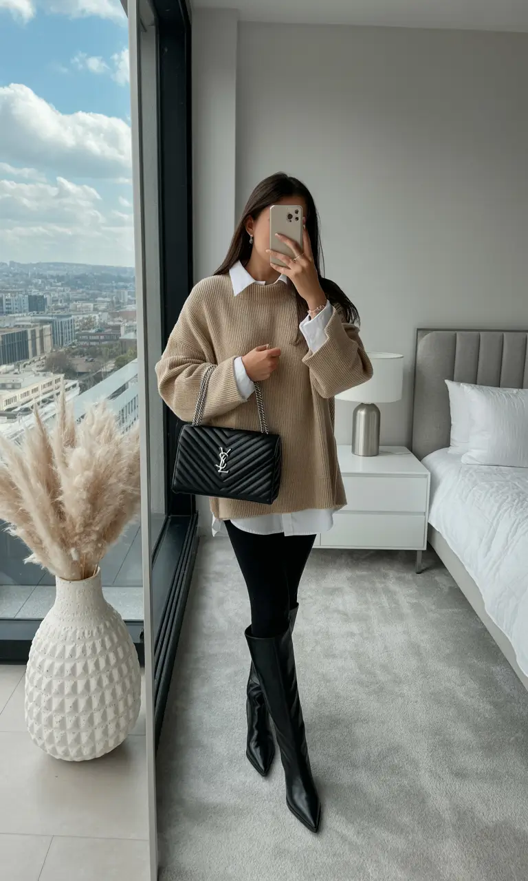 legging outfits for work Layered Neutrals with a Luxe Touch