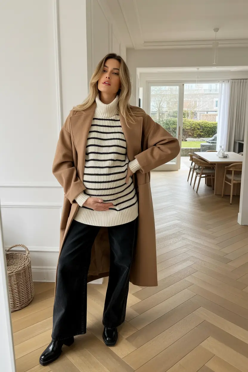 pregnancy outfits autumn winter Timeless Stripes and Camel Layers