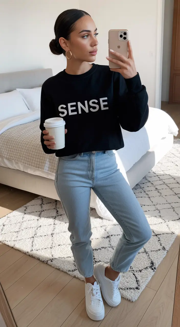 mom outfits aesthetic Logo Sweatshirt & Light Denim Revival