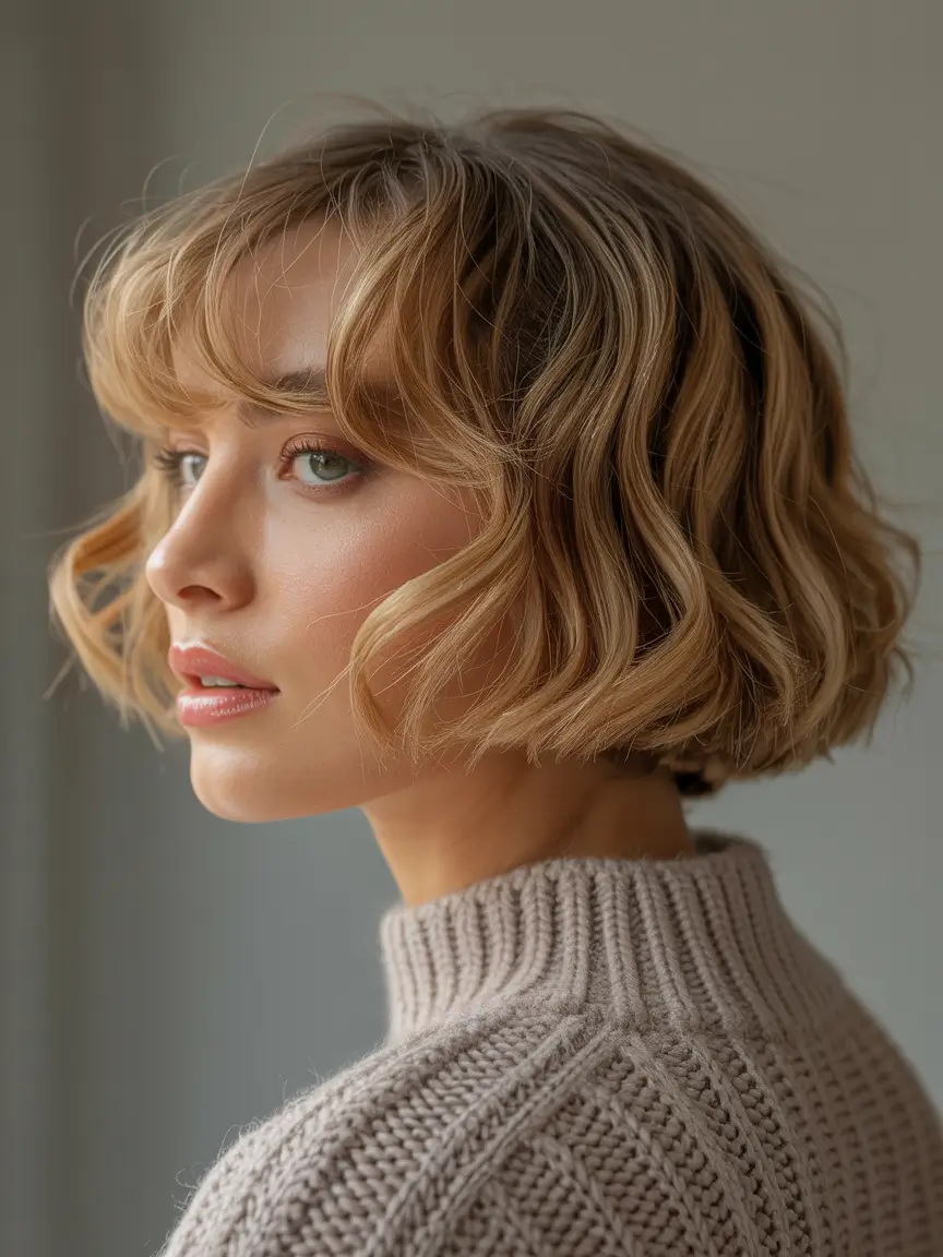 bob haircut 2026 Wavy Blonde Bob With Soft Bangs