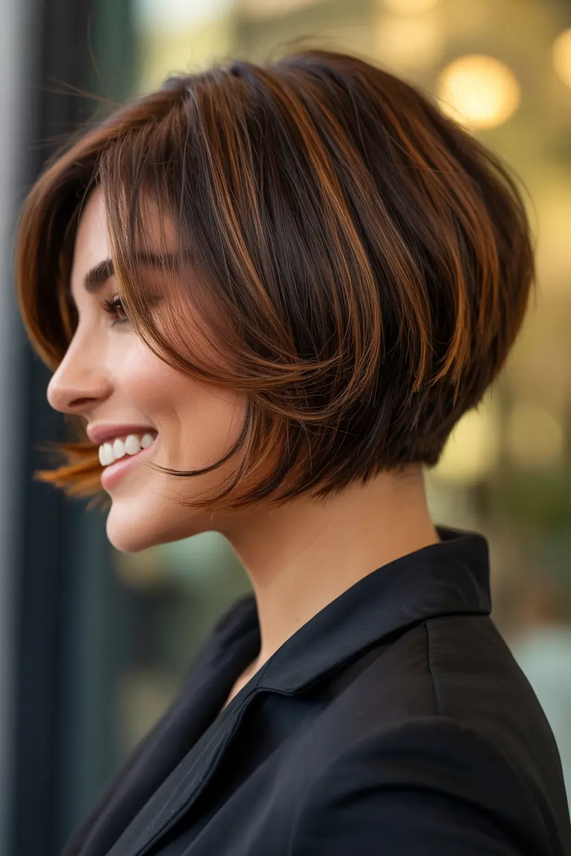 bob haircut 2026 Caramel Layered Bob With Volume