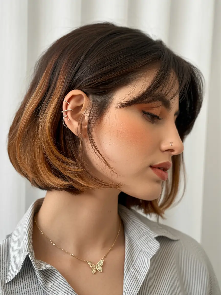 bob haircut 2026 Chestnut Bob With Peekaboo Bangs