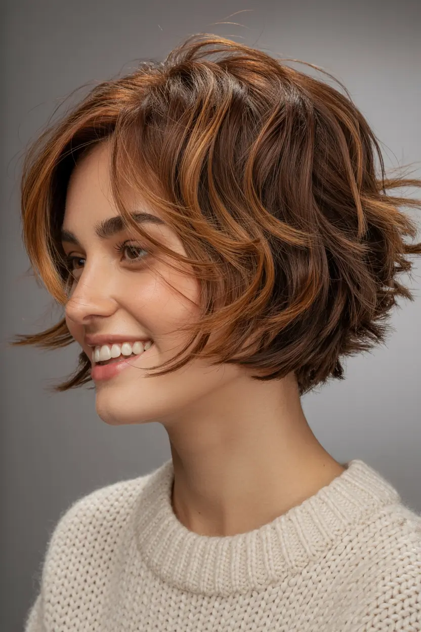 bob haircut 2026 Honey Brunette Wavy Bob With Layers
