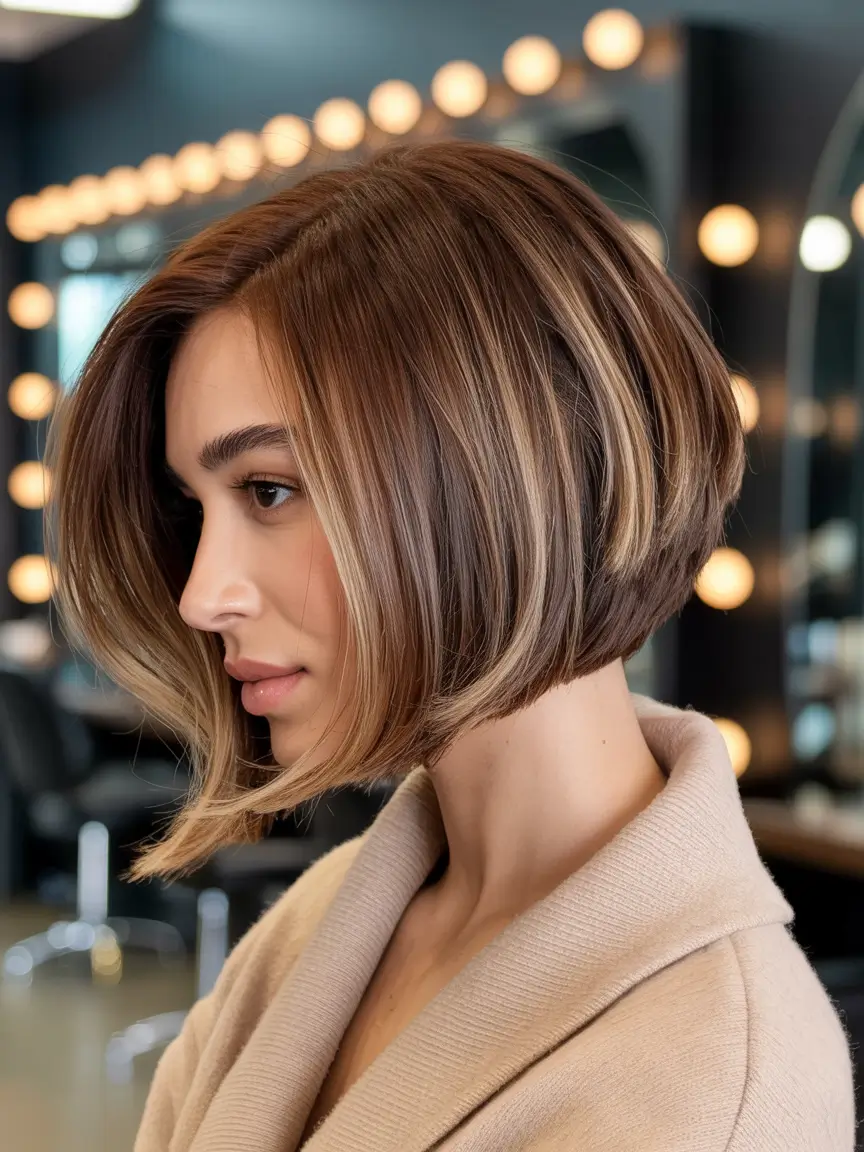 bob haircut 2026 Angled Chestnut Bob With Blonde Veils