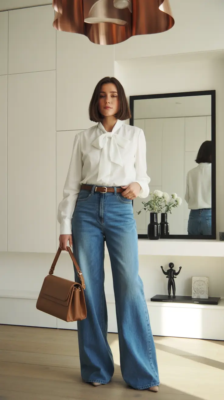 office outfits women Classic White Elegance with Denim Ease