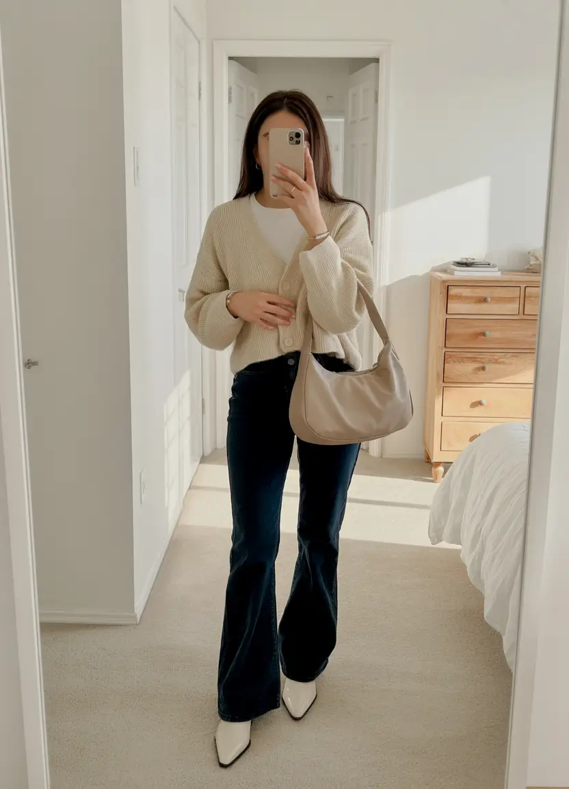 office outfits women Retro Denim & Soft Knit Simplicity