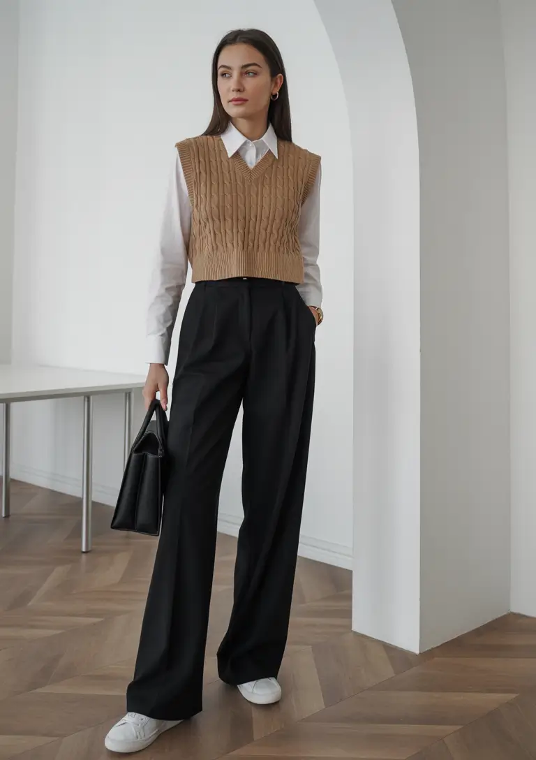 office outfits women Preppy Layers with a Polished Twist