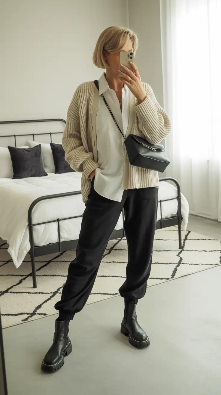 outfits for women over 40 casual fall Relaxed Knitwear and Urban Boots