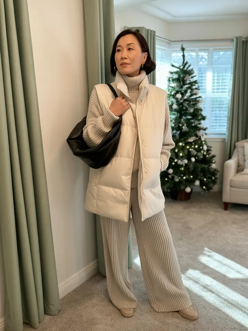 outfits for women over 40 winter Soft Neutrals and Texture Harmony