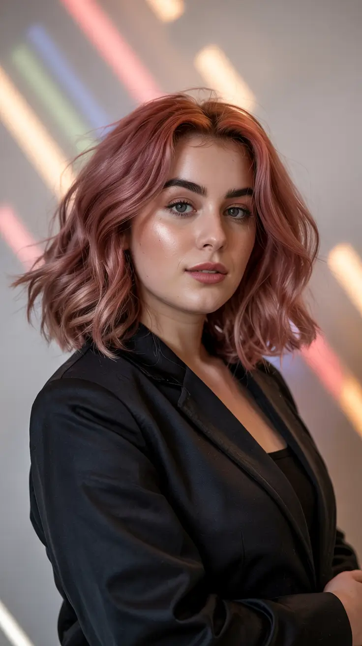 plus size women haircut inspiration 2026 Soft Rosy Waves with a Confident Edge