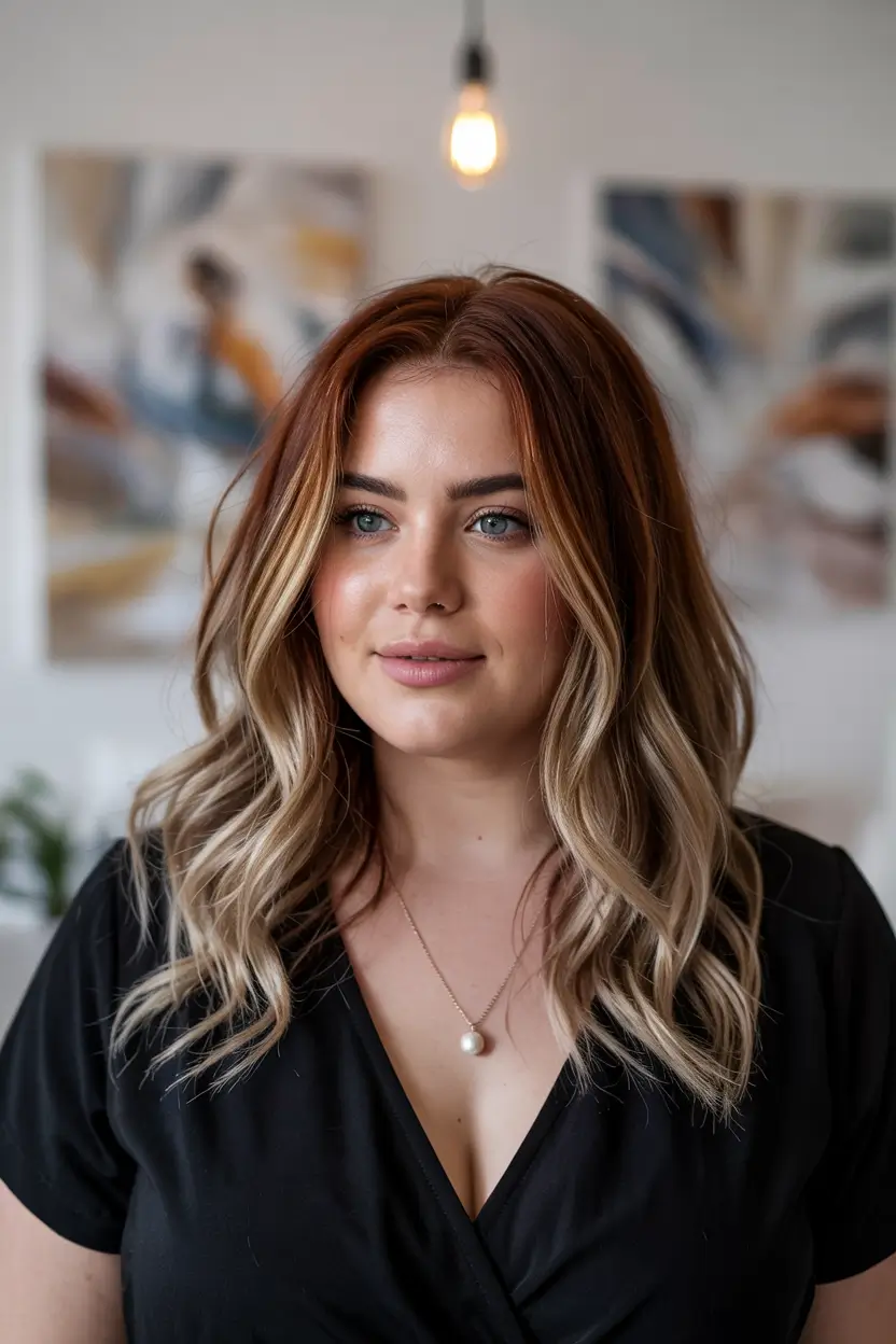 plus size women haircut inspiration 2026 Copper Blonde Balayage with Waves