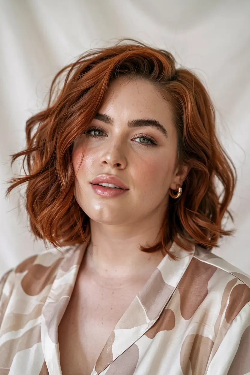 plus size women haircut inspiration 2026 Copper Glow Waves with Side Part