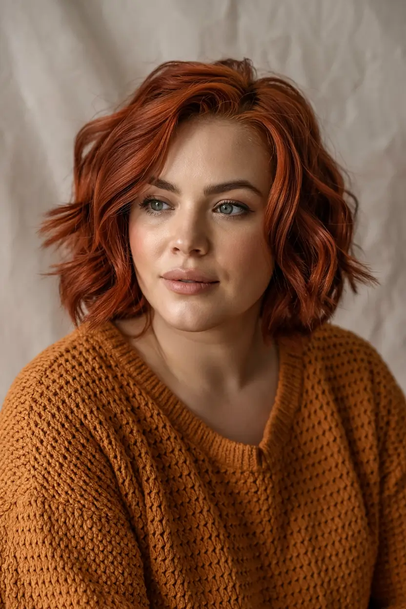 plus size women haircut inspiration 2026 Rusty Auburn Bob with Soft Curls